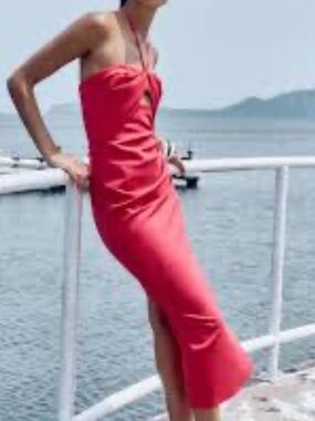 Zara Red Strapless Ruched Midi Dress